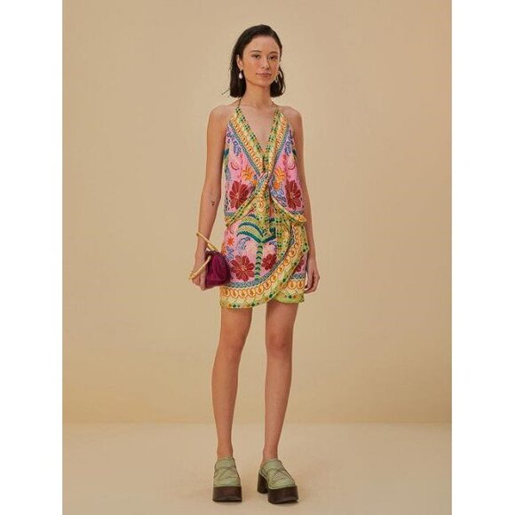 FARM RIO Women's Pink Fruits Queen Scarf Lenzing Ecovero Viscose Blouse Size L - Picture 3 of 9